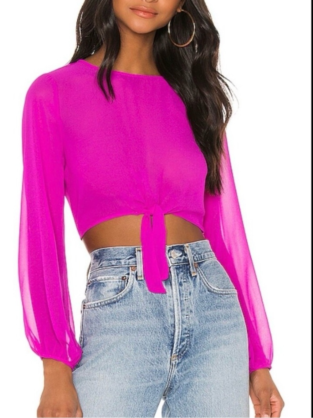 Superdown Sheer Tie-Front Long-Sleeve Crop Top in Magenta